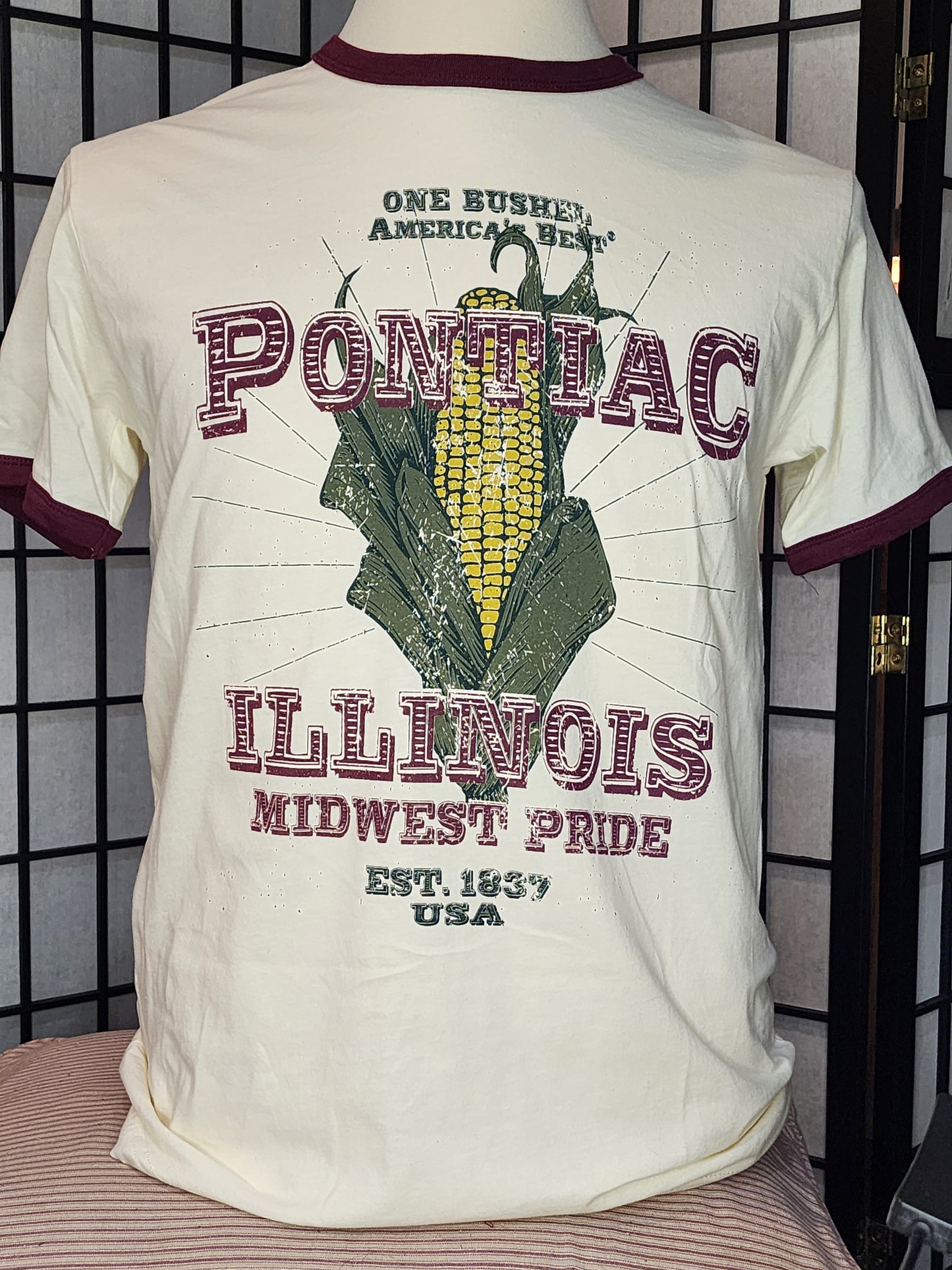 "Pontiac, Illinois Midwest Pride" custom vintage seed bag design, Next-Level Ringer Tee Natural/Maroon