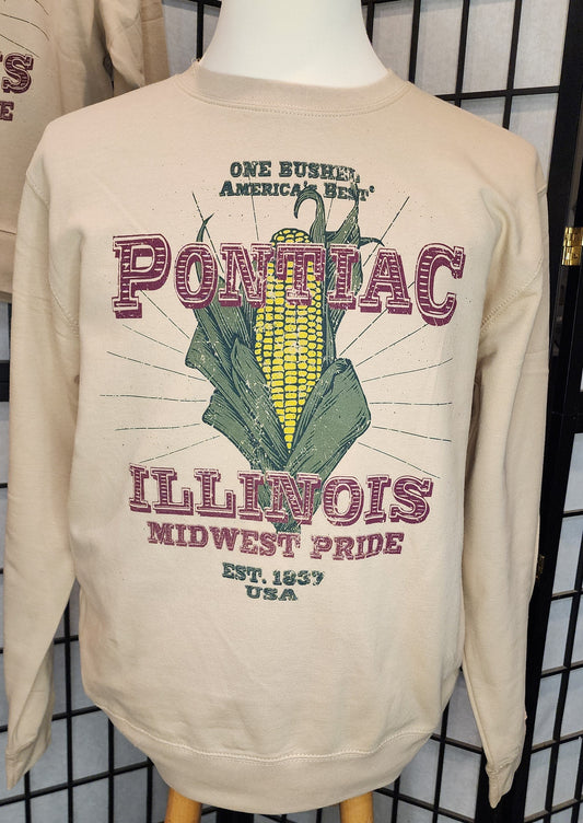 "Pontiac, Illinois Midwest Pride" custom vintage seed bag design Just Hoods crewneck fleece pullover