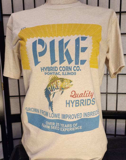 Pontiac, Illinois "Pike Hybrid Corn Co" vintage seed bag design, Next-Level tee, Natural Heather