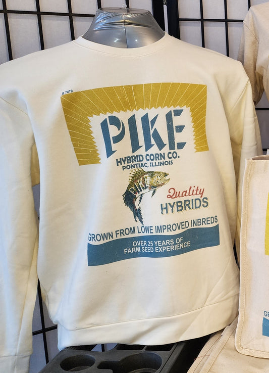 Pontiac, Illinois "Pike Hybrid Corn Co" vintage seed bag design, Next-Level Fleece Crewneck, Natural