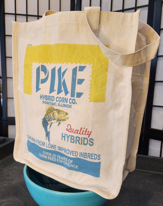 Pontiac, Illinois "Pike Hybrid Corn Co" vintage seed bag design, heavy canvas farmer's market tote bag