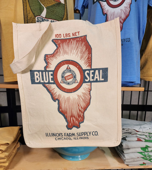 Vintage Seed Bag Design; "Blue Seal/Illinois Farm Supply Co" Farmer's Market Tote, Natural