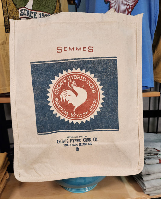 Vintage Seed Bag Design; "Crow's Hybrid Corn Milford, Illinois" Farmer's Market Tote, Natural