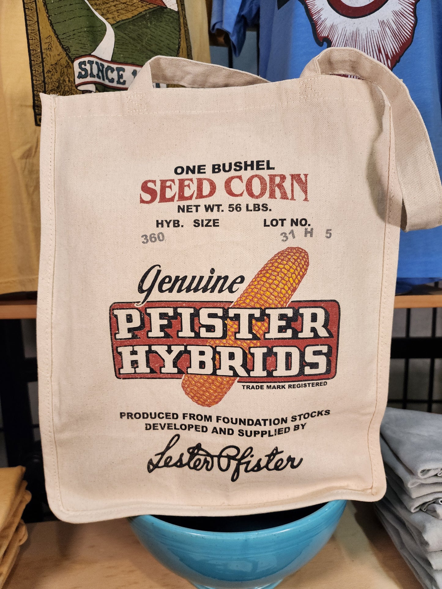 Vintage Farm Seed Bag Design; "Pfister Hybrids" El Paso, Illinois Farmer's Market Tote, Natural