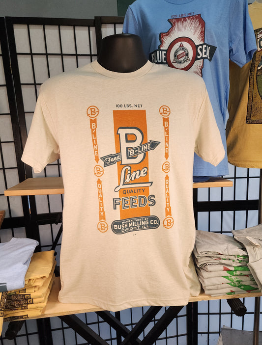 Vintage Seed Bag design; "Bush B-Line Feeds Dwight Illinois" Next-Level tee, Oatmeal