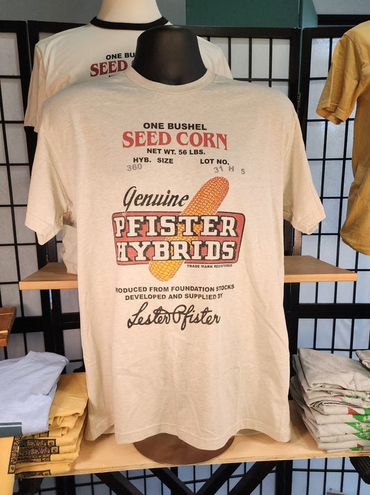 Vintage Seed Bag design; "Pfister Hybrids Seed Bag", Next-Level tee, Oatmeal