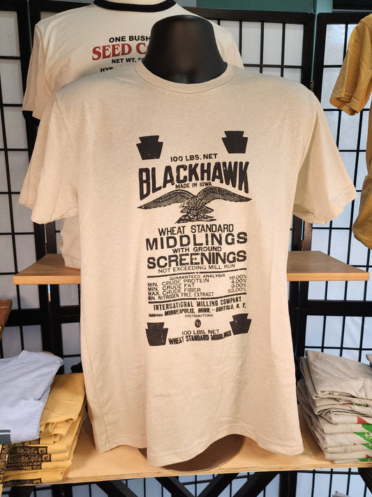 Vintage Seed Bag Design tee; "Blackhawk Seed Co, Iowa" Next-Level tee, Oatmeal