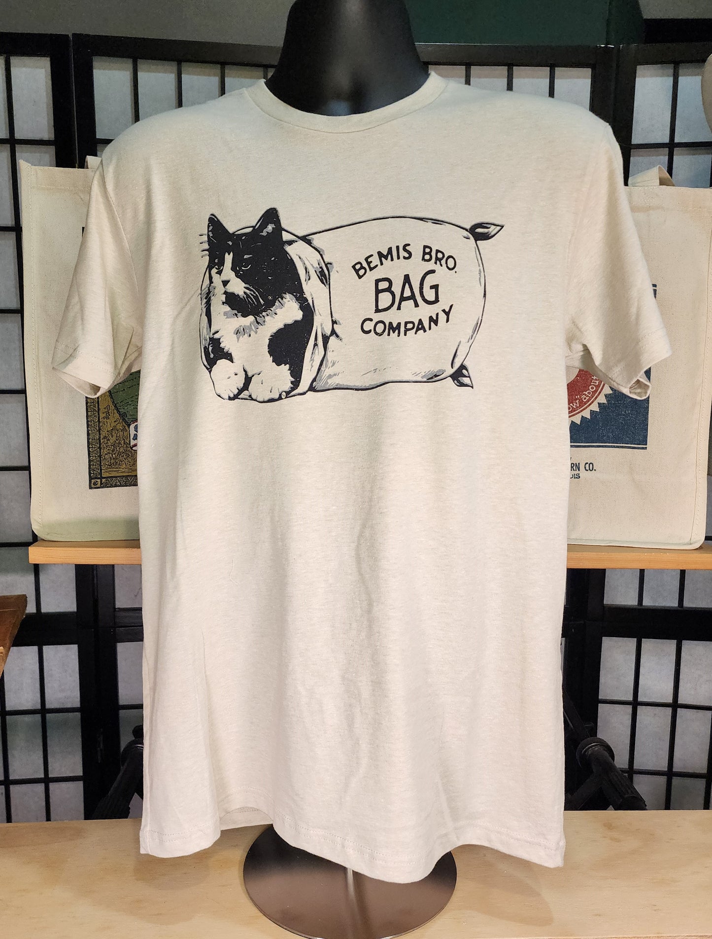 Vintage Seed Bag Design; "Bemis Bro Bag Company" Next-Level tee, Oatmeal