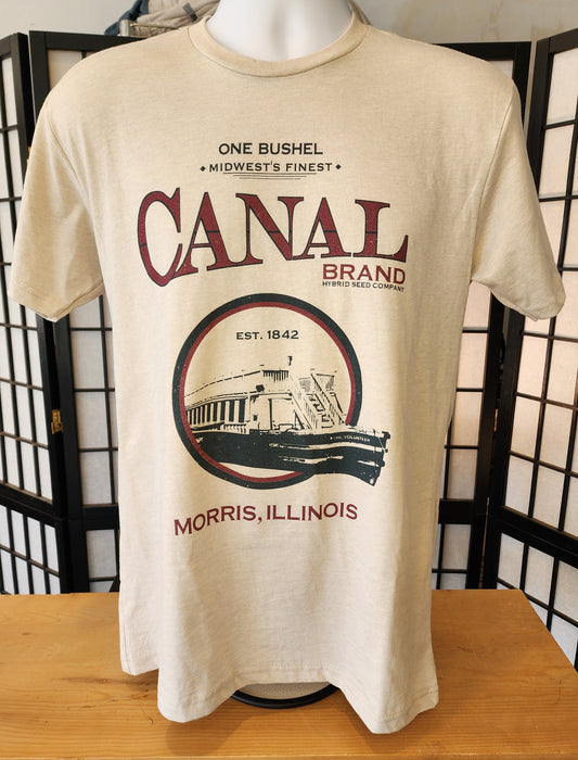 "Canal Hybrid Seed Co, Morris Illinois" vintage seed bag design, Next-Level tee, Natural Heather