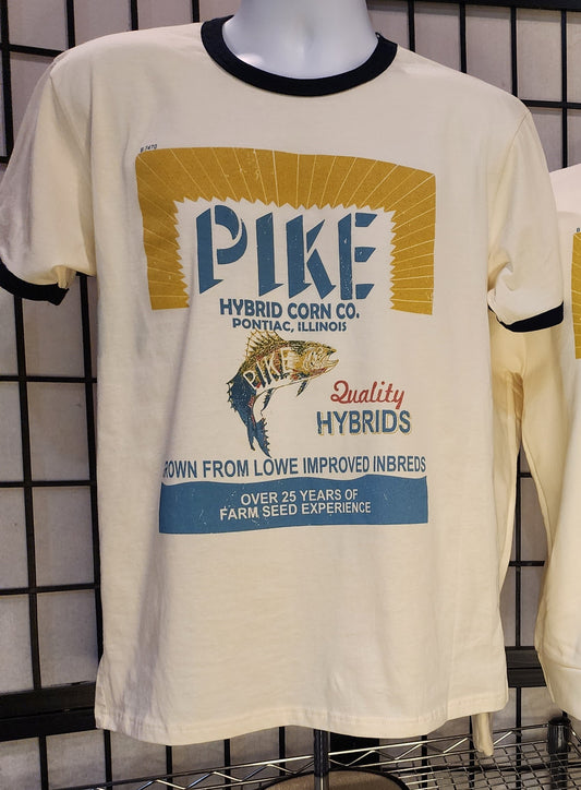 Pontiac, Illinois "Pike Hybrid Corn Co" vintage seed bag design, Next-Level Ringer Tee, Natural/Navy