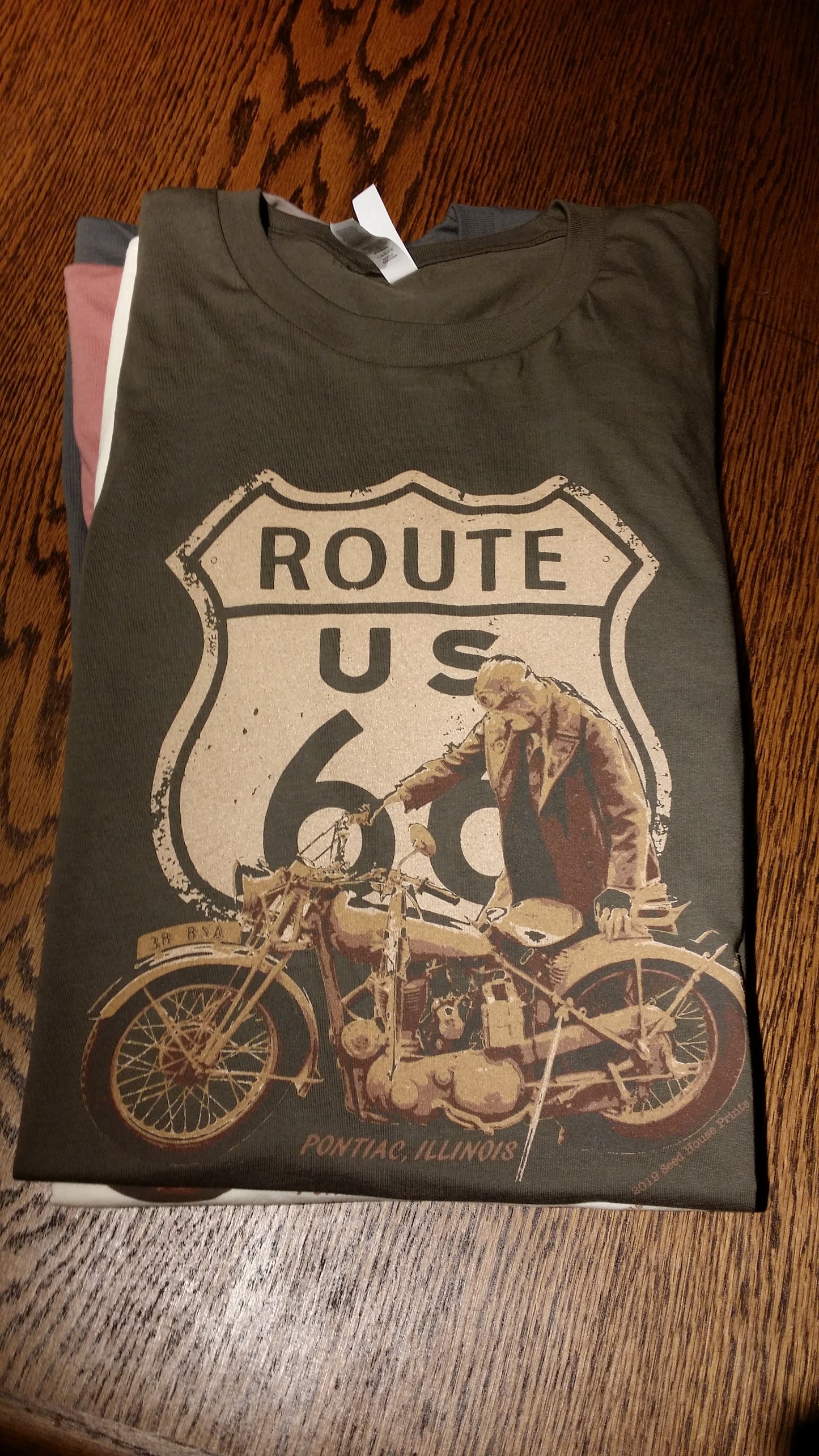 Route 66-Pontiac, Illinois "Vintage BSA, Vintage Biker" Bella+Canvas tee, Army Green