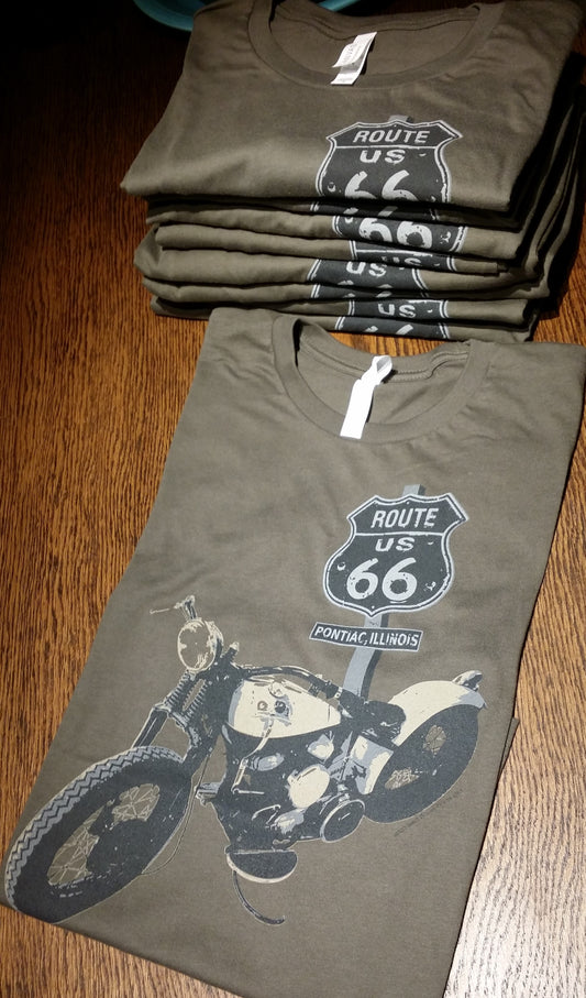 Route 66-Pontiac, Illinois "Edge of Town" Bella+Canvas tee, Army Green