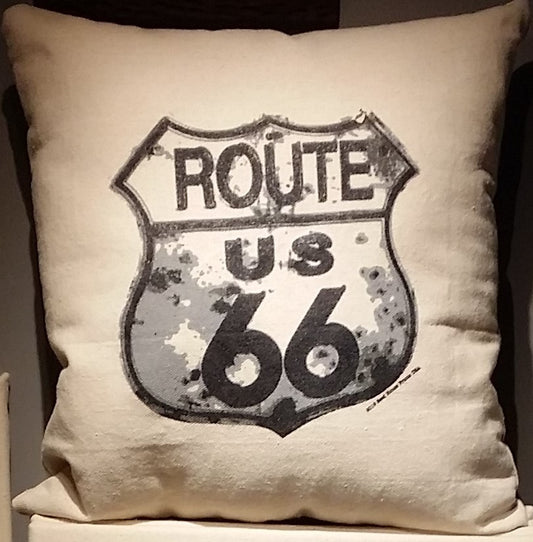 Route 66-Pontiac, Illinois "Road Sign" throw pillow, hand-printed